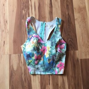 Thin denim tropical print zip up crop top